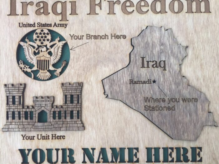 Custom 12x12" Wood Iraqi Freedom Wall Tribute - FREE SHIPPING (Branch, Unit, Name, Dates, City) - Image 2