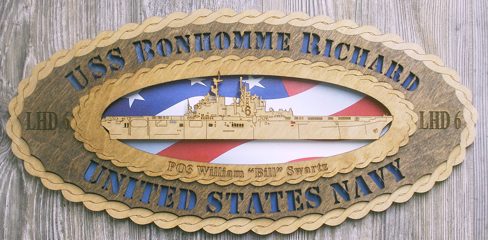 il_fullxfull.4525814385_l999.jpg Custom 15 x 7 Wood Ship USS Bonhomme Richard Wall Tribute - Free Shipping - Image 1